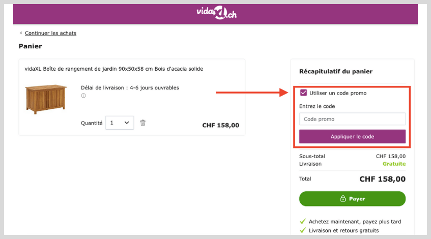 comment utiliser un code promo vidaxl